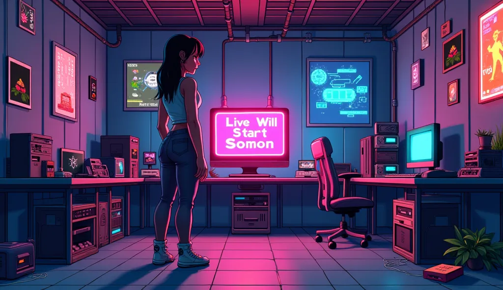 A gamer room scene in 2D pixel art, with a female player character in a futuristic environment inspired by cybernetic elements. The room has a retro vibe, with 2D game frames on the walls and old consoles scattered on the floor. In the center of the scene,...