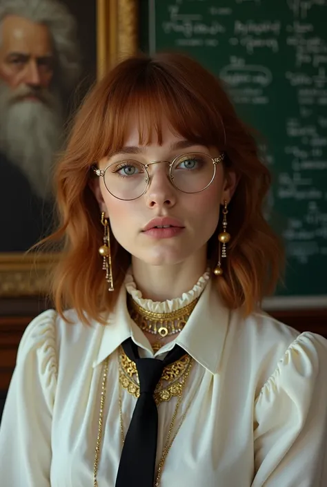 This is a photograph featuring a young woman with light skin and shoulder-length, wavy, auburn hair with bangs. She is wearing round, wire-framed glasses that reflect light, highlighting her delicate features. Her makeup is subtle, with a focus on her eyes...