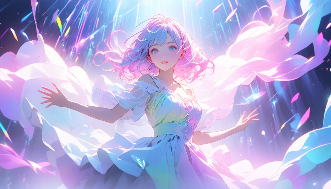 Cinematic style, 4K, soft pastel colors, dreamy atmosphere:
A sudden shift into a vibrant, neon-lit stage with swirling smoke and pastel
spotlights. The woman appears in flowing, lightweight fabric that moves gracefully as
she dances or lip-syncs, surround...