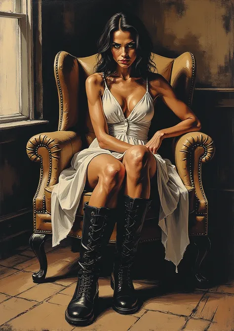 Impresionist primitive Oil painting. A low angle, floor level view of an beautyfull elegant 30 year old european women sitting in armchair above the viewer, her boots filling up the foreground. She is looking down at the viewer with an alluring smile, exud...