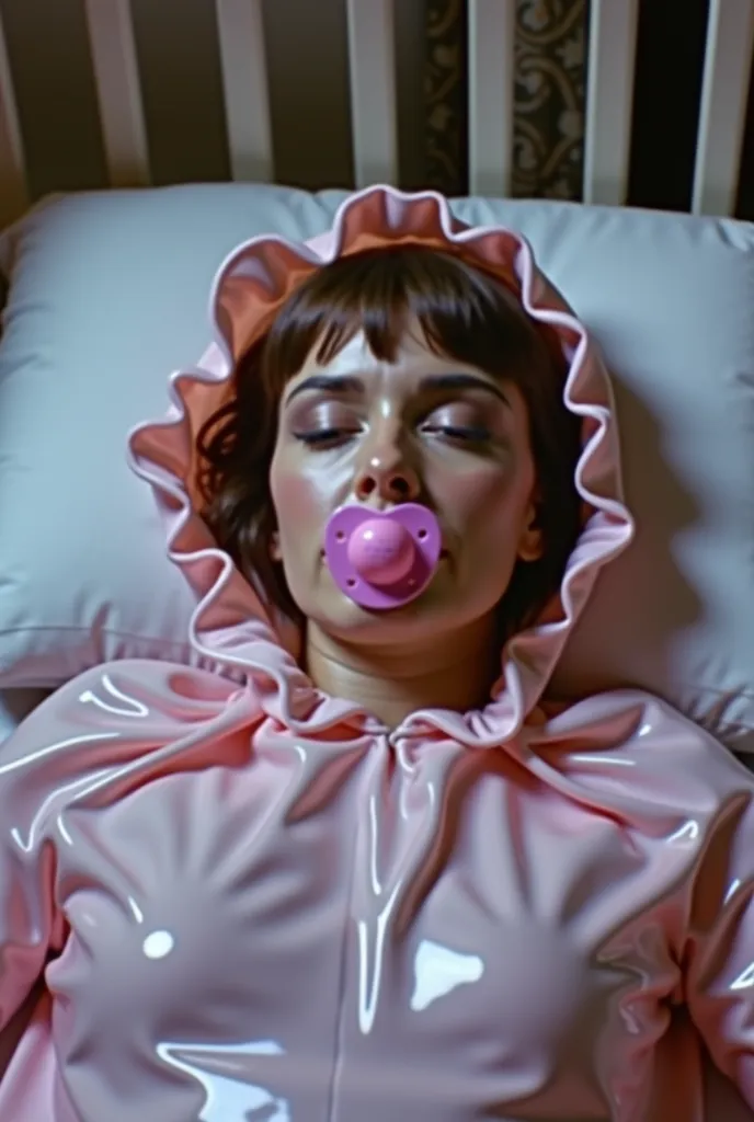 Beautiful woman dressed in a latex sleeping bag,that is closed at the neck. is lying in a crib. The woman wears a pink pacifier in her mouth. On her head she wears a shiny latex hood with ruffles. Screenshot from the film,  shot , Movie clip , Film-Screenc...