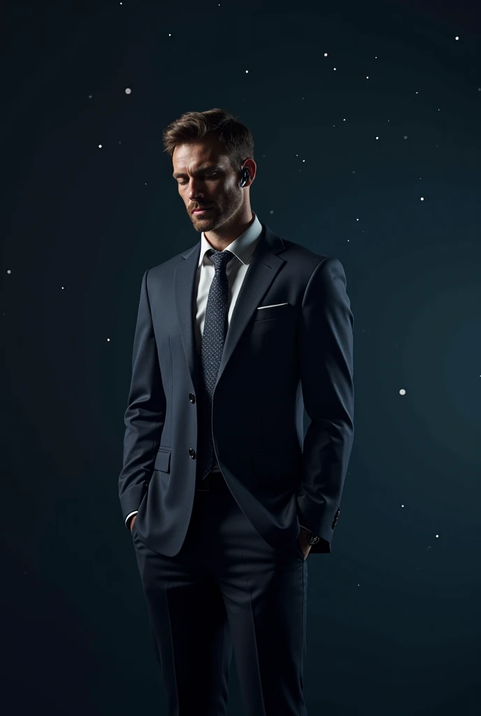 Man in suit listening to music with earphones in space