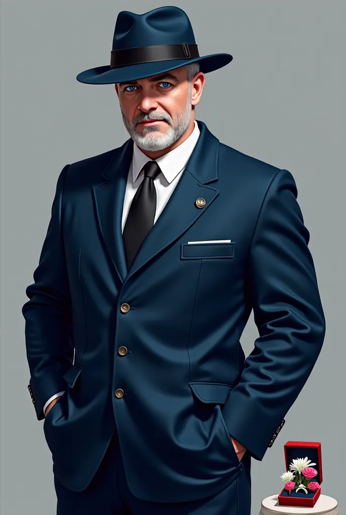 Blue eyed navy blue detective uniform with white skin brown 190 size at waist with flowers and diamond ring in box with flowers and diamond ring in box light beard and mustache