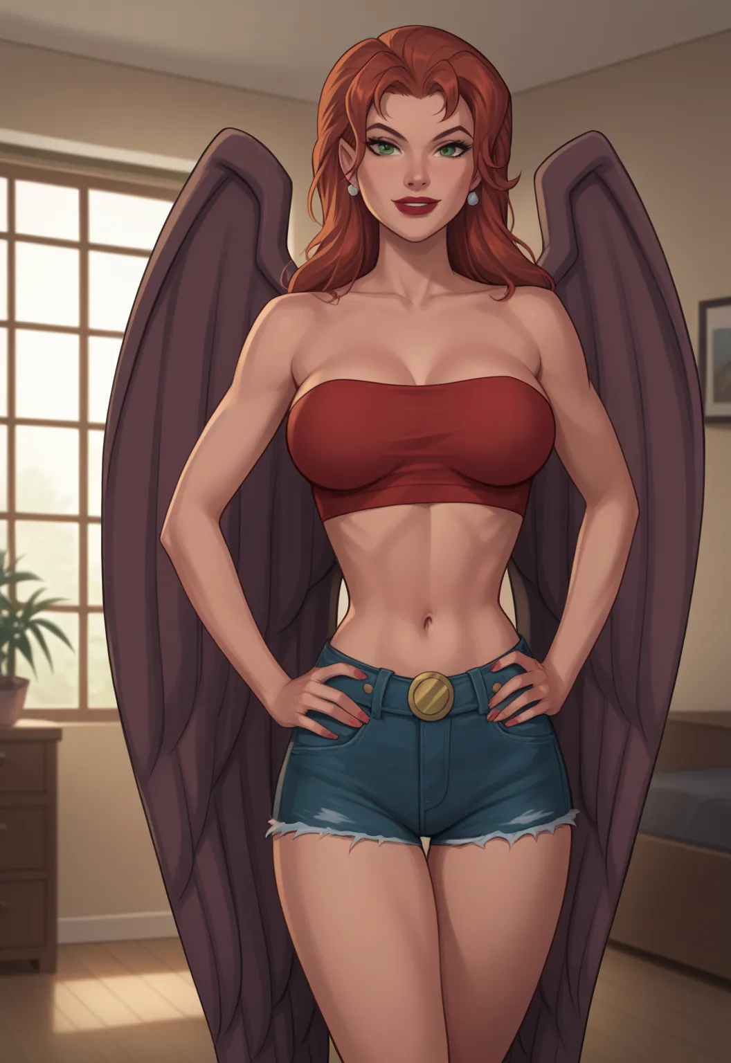 safe_pos, PonyXLV6_Scores BREAK ((retro artstyle, parody)), perfect anatomy, cowboy shot) shayera hol, wings, mid-length curls hair, green eyes, ((looking at viewer)), superhero, red tube top, red jean shorts,  curvy,  athletic, large breasts, standing, in...