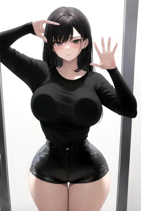 an 18 year old girl, against glass, curves, wide waist, tight t-shirt, black shorts, long black hair