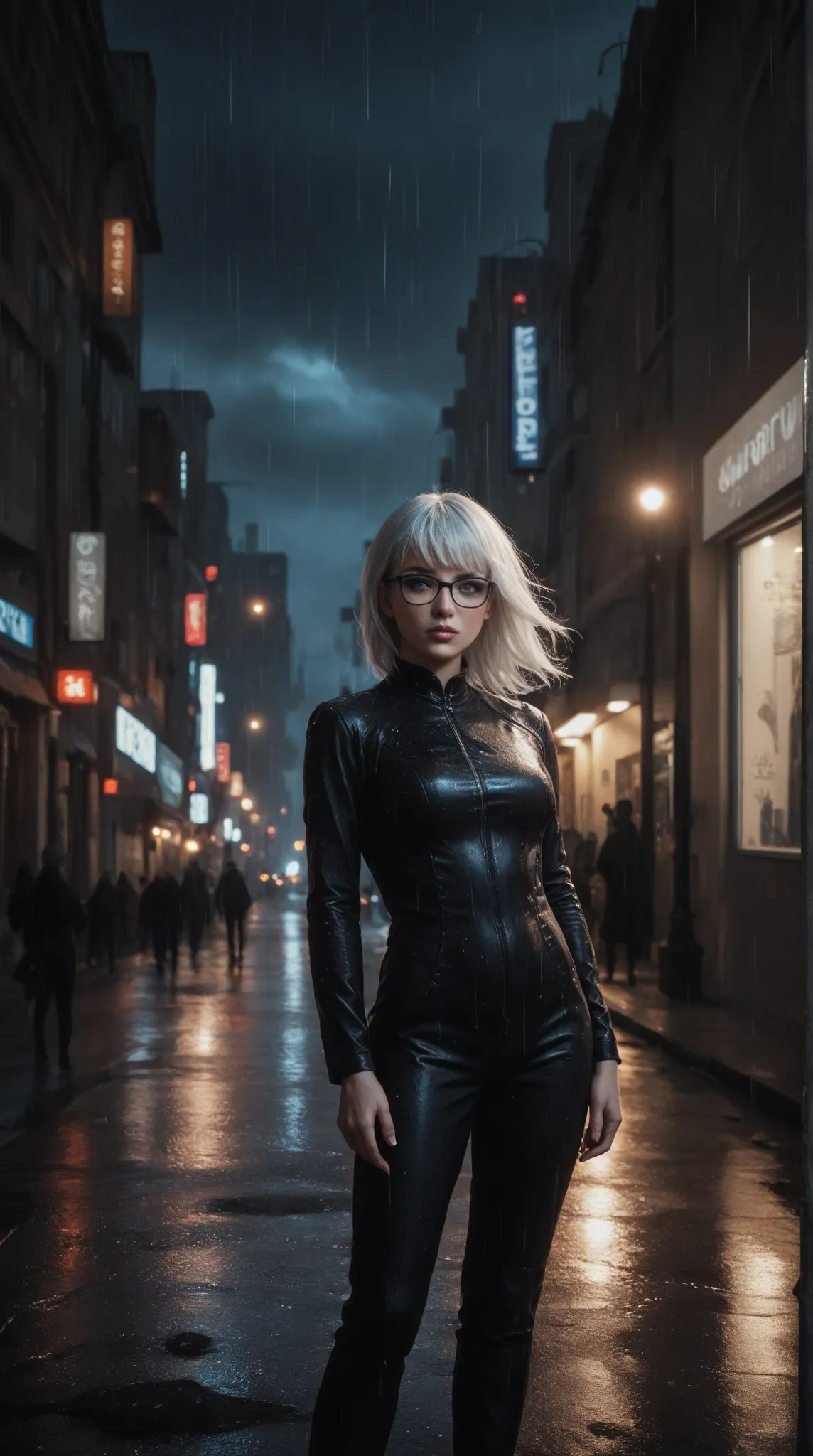 Ella Purnel with long bright white hair, bangs, glasses, Wearing black pvc jumpsuit  in city street,  dark stormy night