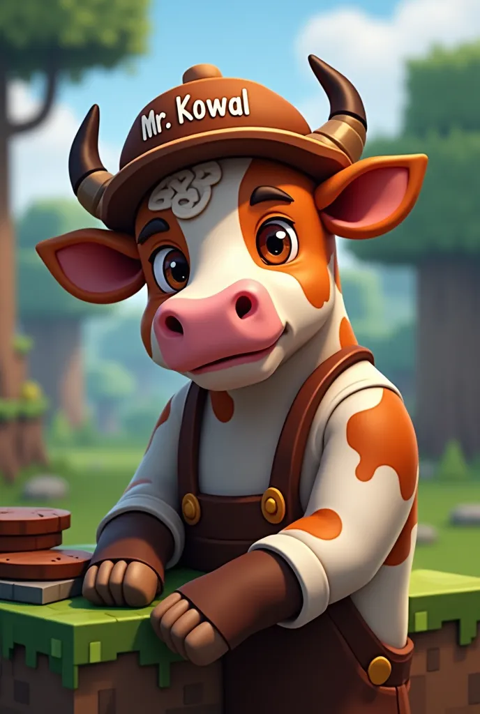 profile on my youtube where is the cow my name is blacksmith cow let him have a hat with the inscription Mr Kowal , let the cow be on minecraft background