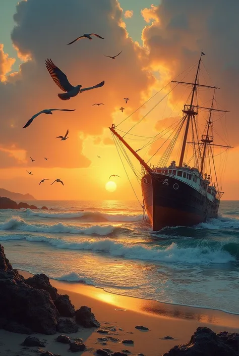 Vertical poster-like image with birds flying in the foreground, On the horizon a dawn, with a sea on the horizon and fish jumping and a beachfront with the wreckage of a ship. Poetic and realistic image 