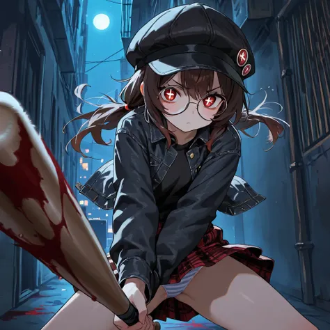 red eyes, cross shaped pupils, dark brown hair, wearing black cabbie cap, wearing round glasses, black denim jacket, covered in blood, plaid skirt, black striped panties, barely visible panties, holding baseball bat, swinging towards viewer, night, alley, ...