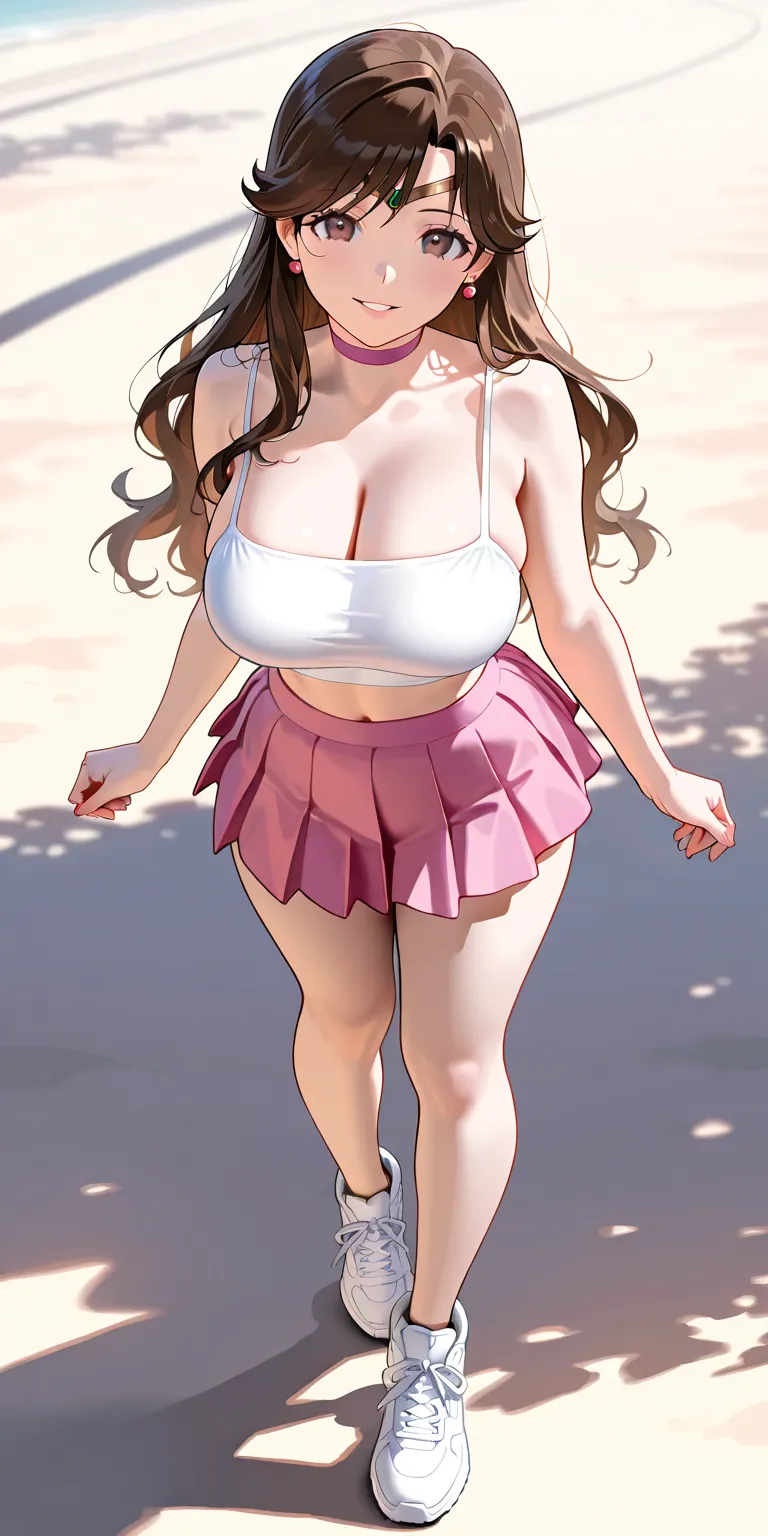 Masterpiece, newest, vibrant, very aesthetic, high contrast, mature woman, makoto kino\(sailor jupiter\), white color spaghetti strap top, pink color pleated mini skirt, white sneakers, big breast, full body, parted lips, smile, on the path, best quality, ...