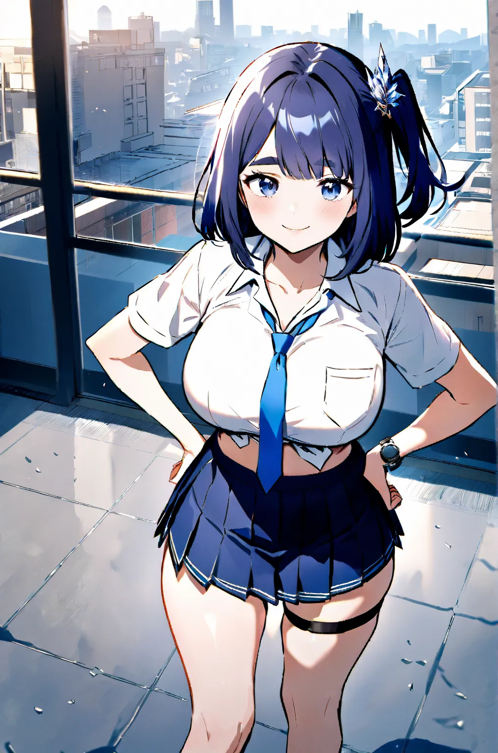 masterpiece, the best quality,  highres, Our, long hair, one side up, hair ornament,  pinza , piel oscura, big breasts, school uniform,  loose tie ,  blue tie, neckline, collared shirt, white shirt, short sleeves, wrist waistband , wristwatch,  midriff,  p...