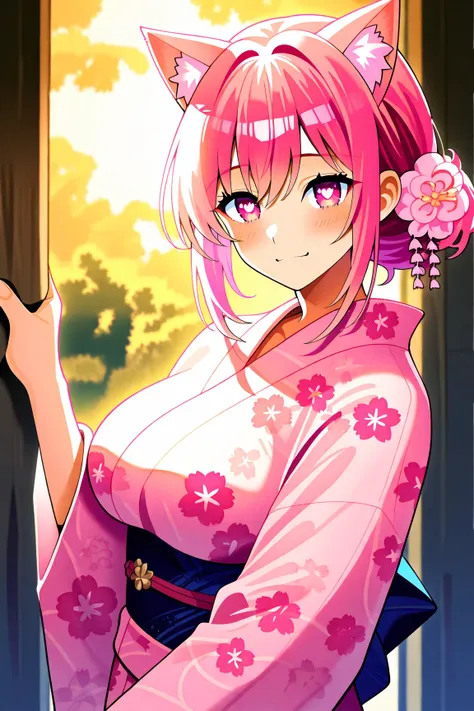 adult,Oil, cat ears, pink hair, long hair,pink eyes,Heart eyes,Yukata