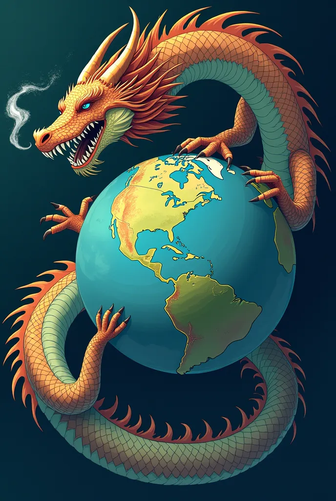 Western dragon wrapped around the world
2d flat art

