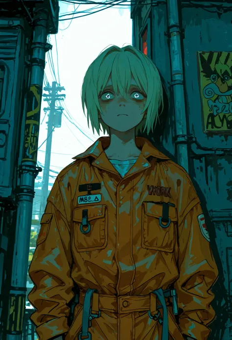 Drawing by Margaret Keane,painting of a boy in a working jumpsuit,drawing with big and expressive eyes, outdoor light pole ,(Eyes on the background)