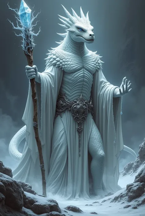 White draconate with a robe and staff using ice magic in black and white