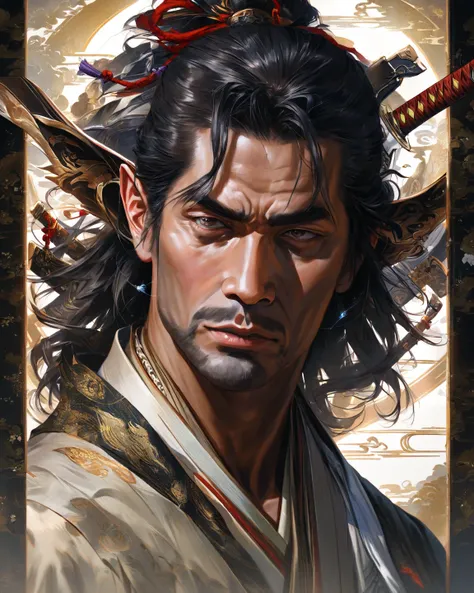 1 male, adult male, samurai clothing, katana, cat ears, black hair, gray hair, stubble