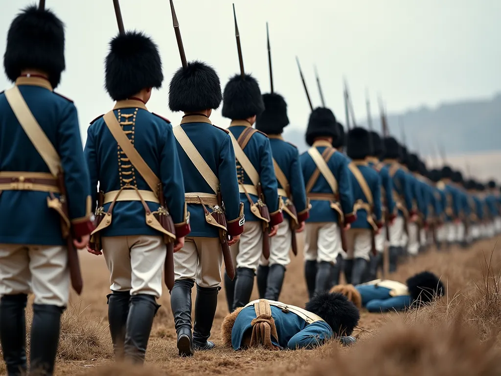 Take a photo! In the photo young, 16-year-old soldiers marching in battle in the 1810s. The soldiers stand close to each other, Closed, straight shape. The look of their uniform is as follows. Black fur-coated cub on their heads. blue top, with blue collar...