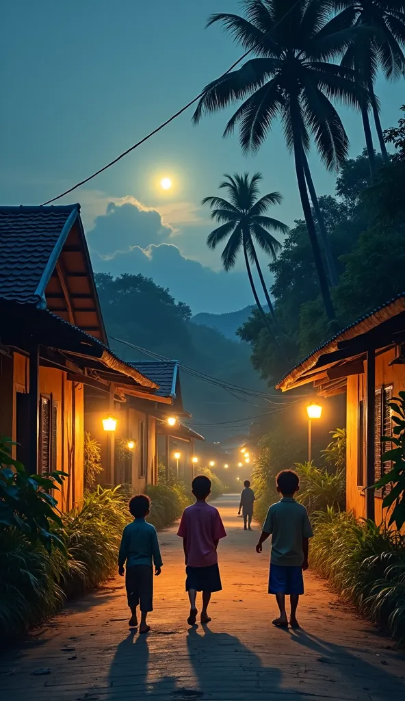 *"Describe the early morning atmosphere in a traditional village during the month of Ramadan. A group of ren aged around 7-s go around the village to wake up for sahur. They wear traditional clothes such as sarongs, koko clothes, and peci, while some girls...