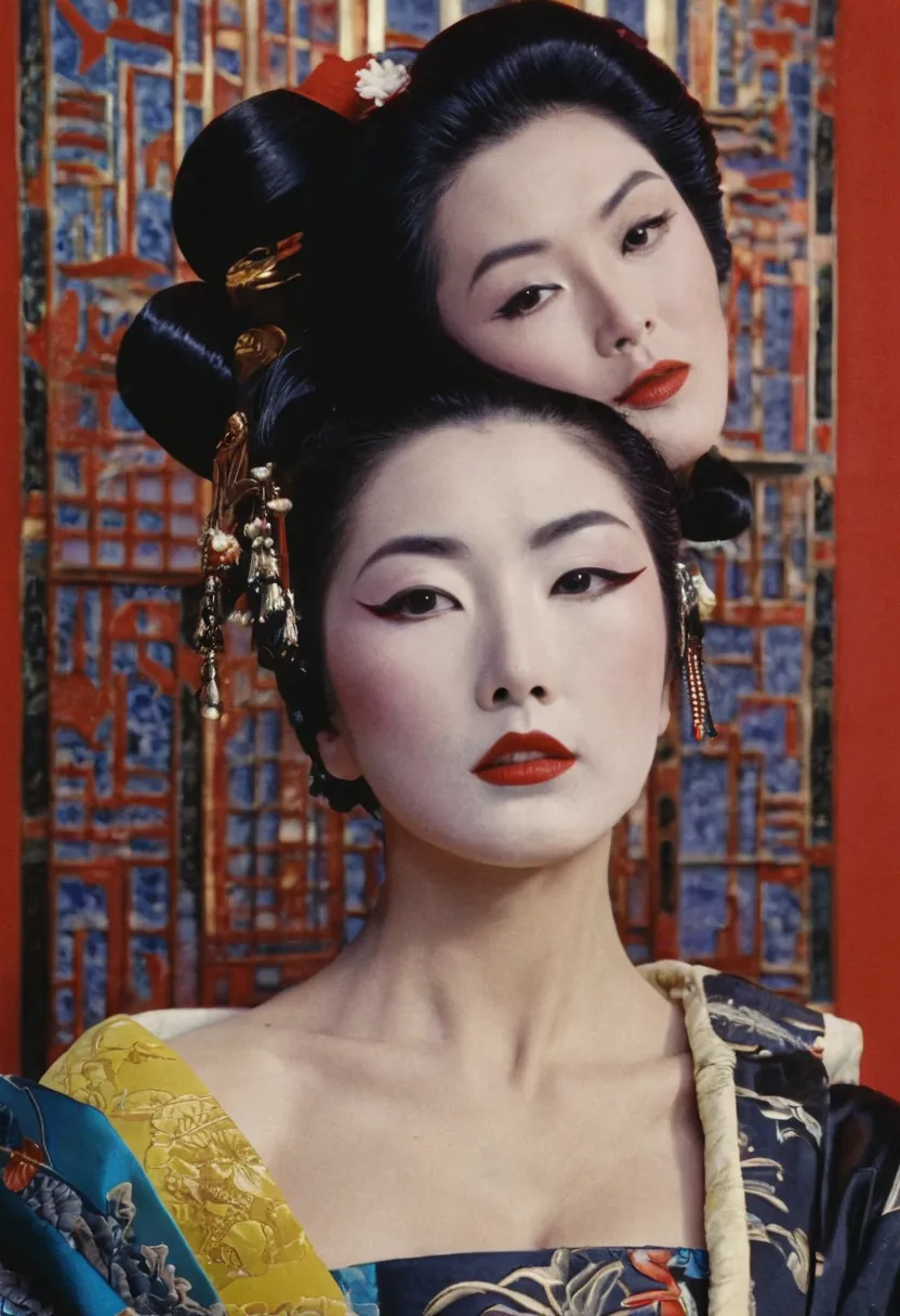 a close up film frame colors photo by Jeanloup Sieff and Helmut Newton in art déco style representing a beautiful fashion model Japanese geisha woman shows her breast