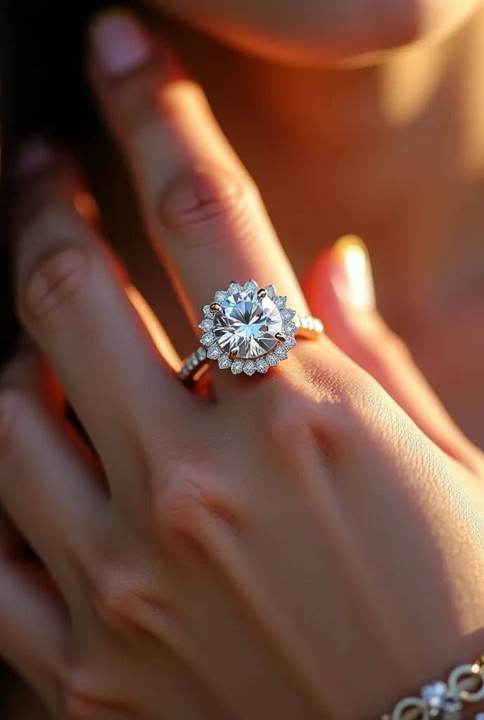 "A dazzling image of a woman with a continuous hand, showing a radiant diamond ring on the ring finger. The ring has a large central diamond, brilliant-cut, surrounded by small diamonds in a delicate and elegant design. The light reflects off the diamonds,...