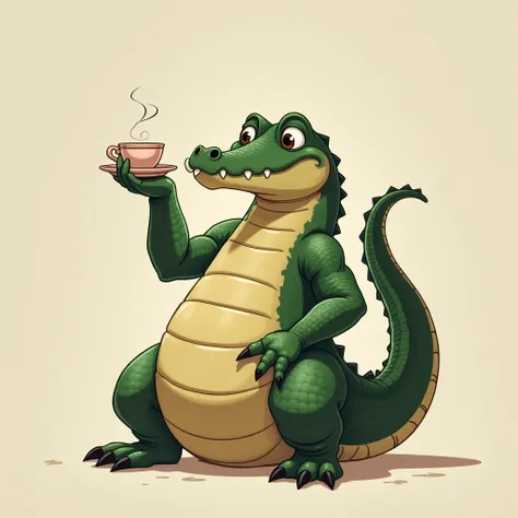 Rich Crocodile sitting position, in one hand take a cap of tea and other han say hay to people who see him, anime, simple background,