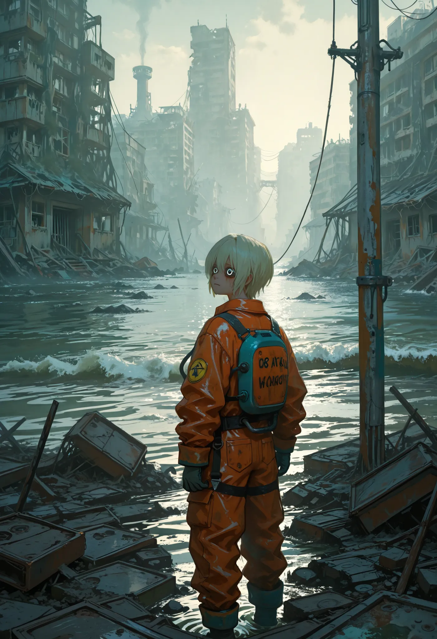 Drawing by Margaret Keane,painting of a boy in a working jumpsuit,drawing with big and expressive eyes, outdoor light pole , abandoned city ,puddles of water,oppressive environment