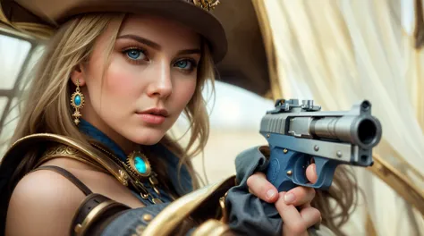 A cheeky blonde in a white dress holds an old revolver in her hand and aims at someone. She looks past the camera, following the sight of the revolver. Big blue eyes, full sexy lips, a slight smirk. She is ready to shoot at any moment. The revolver is in b...