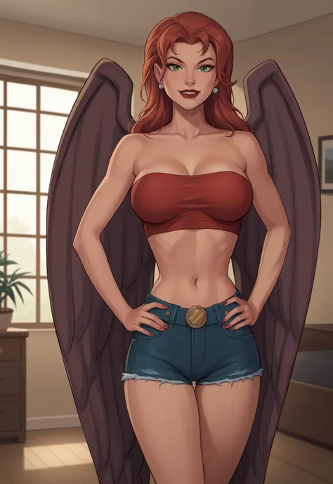 safe_pos, PonyXLV6_Scores BREAK ((retro artstyle, parody)), perfect anatomy, cowboy shot) shayera hol, wings, mid-length curls hair, green eyes, ((looking at viewer)), superhero, red tube top, red jean shorts, curvy, athletic, large breasts, standing, in...
