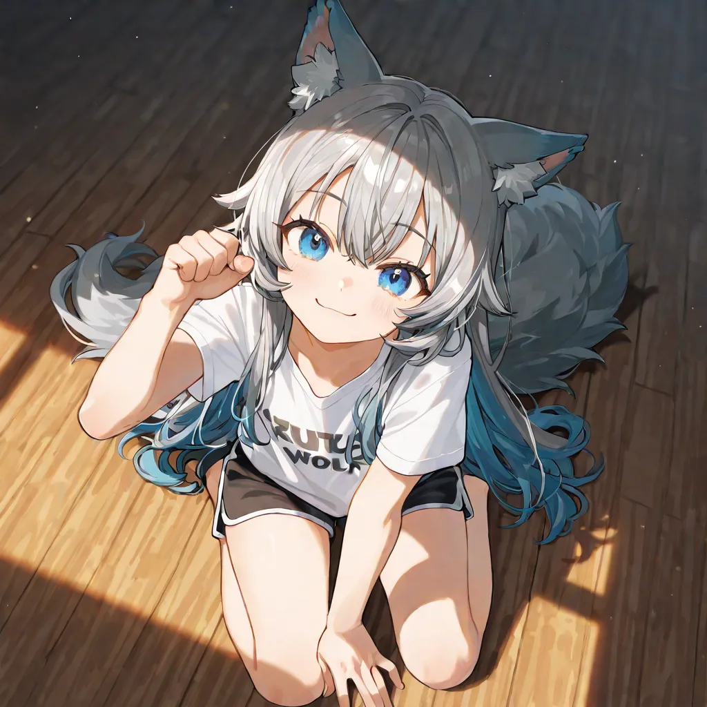 Wolf girl. Grey fluffy hair, blue eyes.  white shirt, black shorts. Playful pose with a mischievous smile.