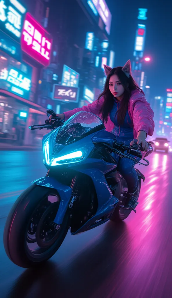 A high-tech motorcycle is speeding through a neon city at night, motion blur trails, dynamic angle, cinematic depth of field. Dutch angle. The motorcycle is driven by Japanese woman who embodies the contemporary Japanese beauty standards with a perfectly h...