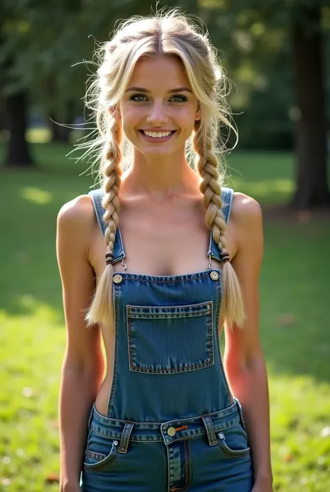 young woman, blonde hair braided in two ponytails, sexy smile, makeup, slim figure, She is wearing denim overalls, no shirt or bra, standing outside in the park, realistic photography style 