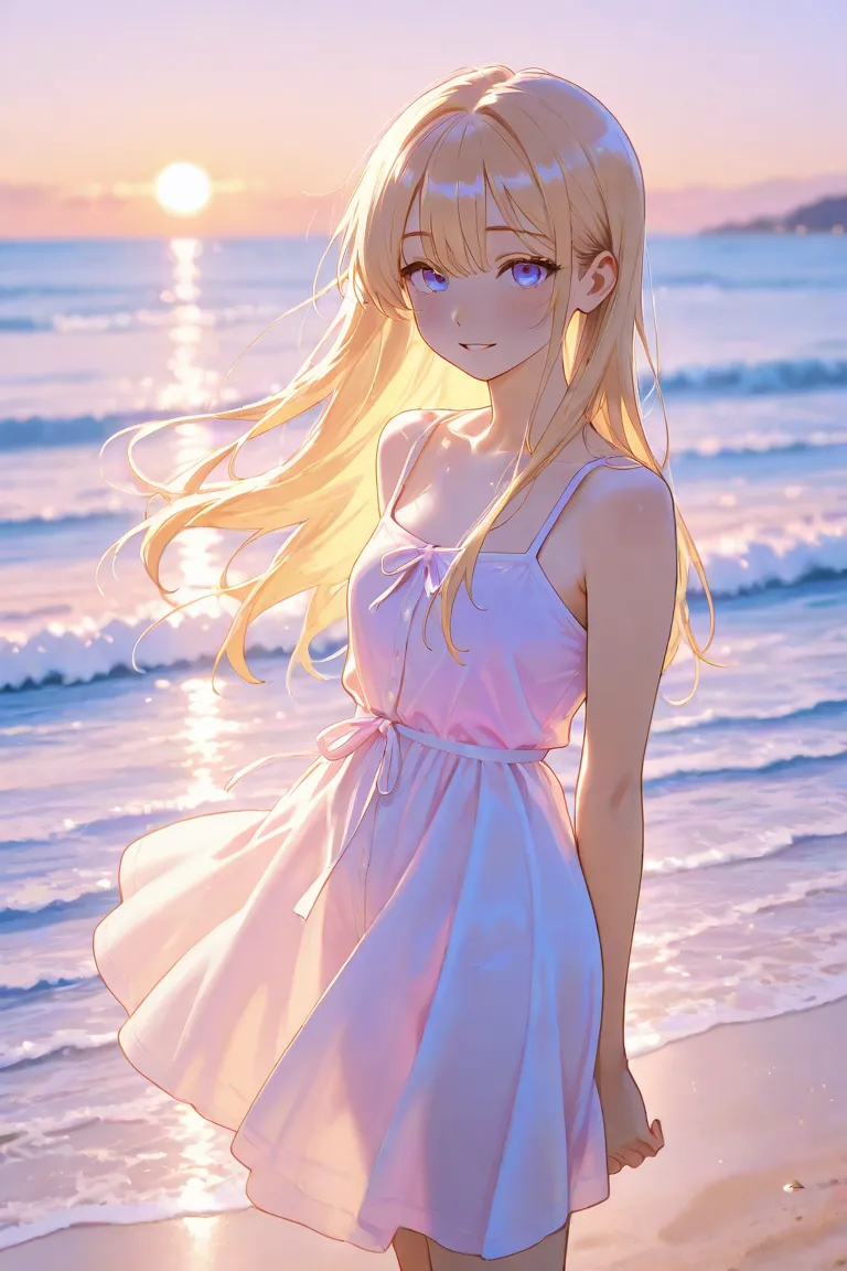 Blond-haired girl on a beach at sunset 