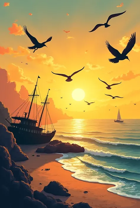 Make an image like a poster, vertically ,a poetic and realistic illustration with birds flying in the foreground, on the horizon a sunrise with shades between yellow, orange.in the background a sea on the horizon and fish . Make a beach edge with some wrec...