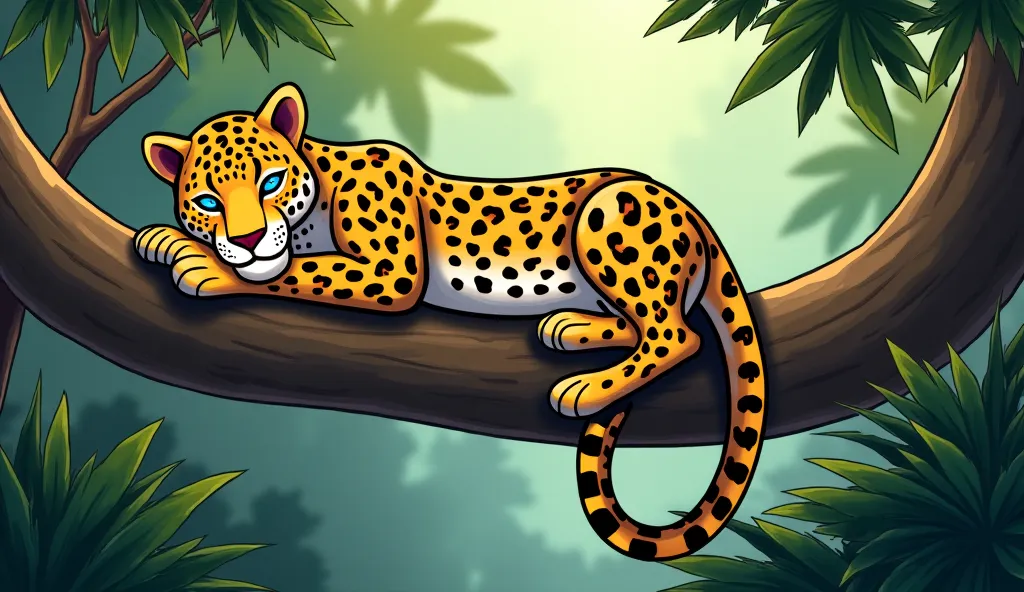 2. The leopard lounging on a thick jungle branch, high above the ground. Its eyes are half-closed, but its ears twitch at every sound. The jungle below is calm, while the leopard rests in the shade. Cartoon