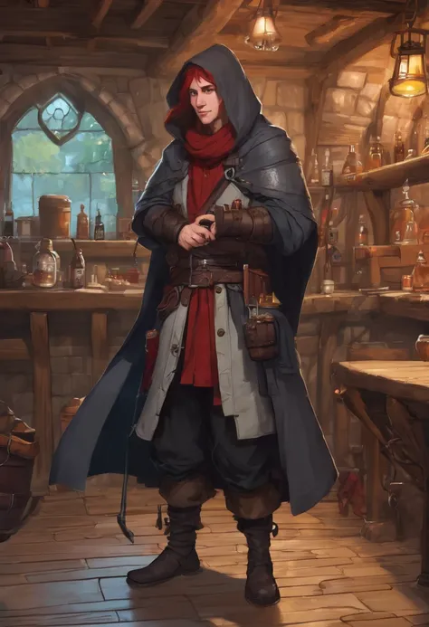 Rock gnome, young, DND, fantasy, sly, smiles cunningly, slender body, trickster, cleric of cunning, hooded cloak and chain mail, standing in a tavern, tinkering with a small device, red hair, goatee, small ears