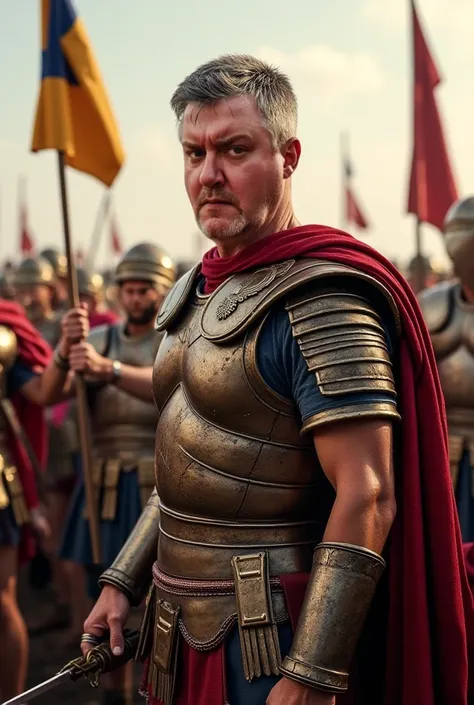 Roman consul, in Roman armor,  breasts short grey hair , short Roman sword in hand, close-up,  waist-deep  , against the backdrop of the battlefield and the Roman eagle standard