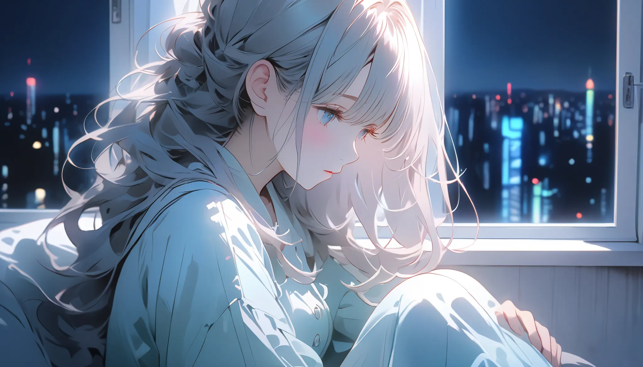 Cinematic style, 4K, soft pastel colors, dreamy atmosphere:
A dimly lit room at night, illuminated by a soft blue glow from a window overlooking
the city. The woman sits by the window, deep in thought, her silhouette edged by the
faint neon lights outside....