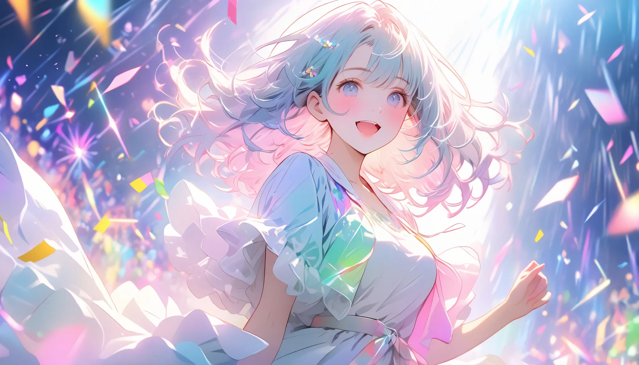 Cinematic style, 4K, soft pastel colors, dreamy atmosphere:
Cut to a more energetic visual: a stage bathed in bright, colorful lights. A band or
symbolic instruments are faintly seen in the background, suggesting a live performance.
Sparkling effects like ...