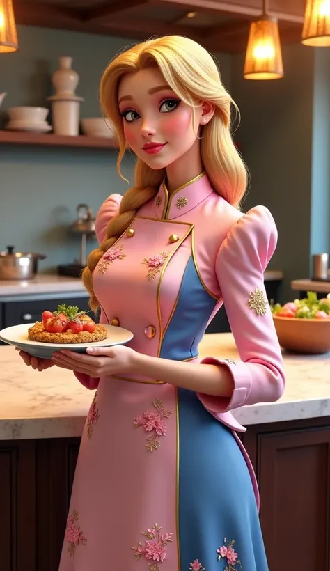 **Prompt:**  
A hyper-realistic, cinematic 4K digital painting of Princess Aurora reimagined as a professional chef in a luxurious fine-dining restaurant. She wears a tailored, elegant chef’s uniform in soft pastel pink and royal blue, reflecting her signa...