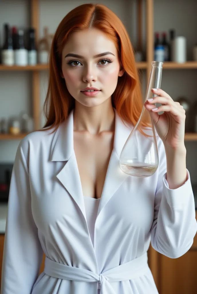 Pretty Red-haired Woman with features of a Latin American with perfect hands, with lab coat, inside a Chemistry Laboratory with Lots of instruments typical of a laboratory around, holding in her right hand an Erlenmeyer Flask.