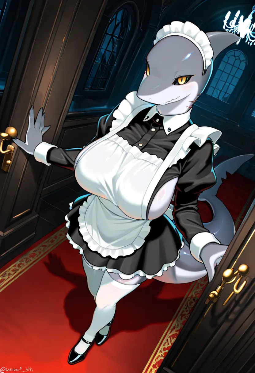 1girl:1.2, \(vader-san\), (kame3), solo, shark, shark head with fish tail, anthro shark, Two-tone skin, three fin on head, grey skin, Glossy skin, perfect_hands, perfect_face, big large breasts, overboobs, natural breasts, grey fin on arms, thin body, thin...