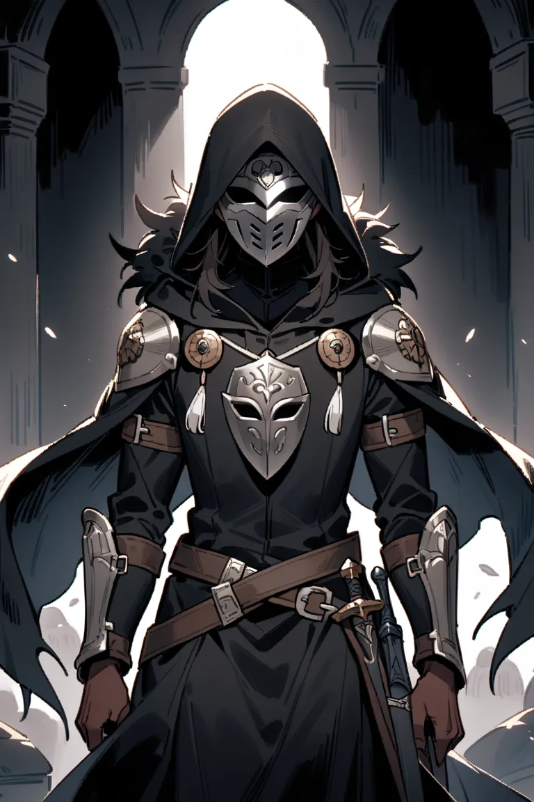 23-year-old Colombian man, isekai, brown skin and slim build. dark hair,  black eyes, isekai, He wears light black armor with metal plates, dark cape with hood and metal mask that covers the entire face,  masked . His eyes shine under the shade, his sword ...