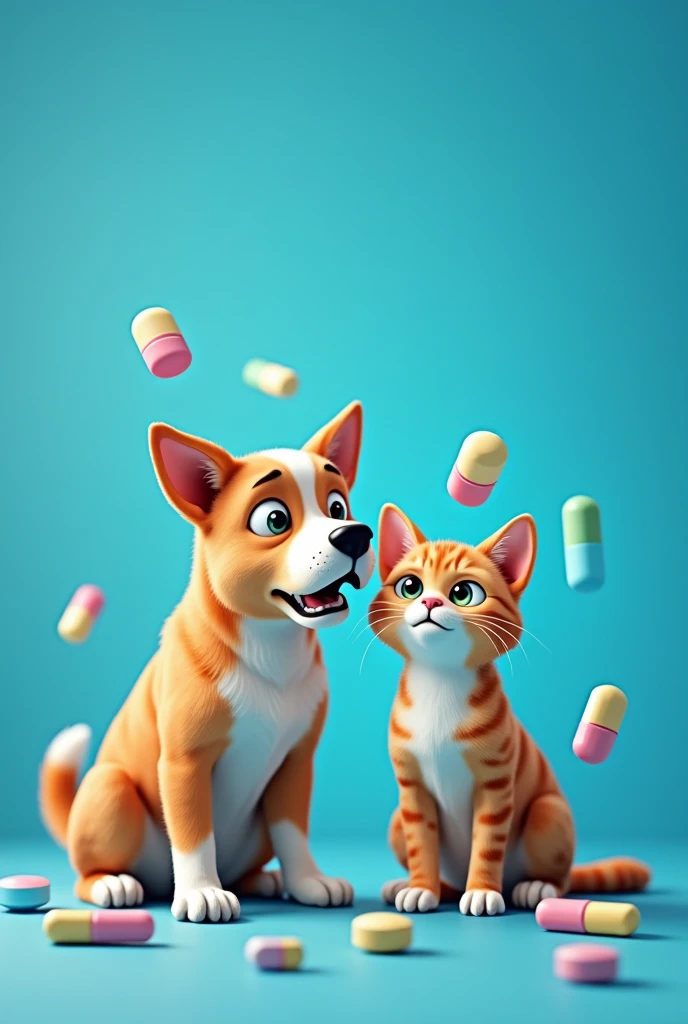 Generate an image of a scared dog and cat with fun and cheerful medication on a blue background 