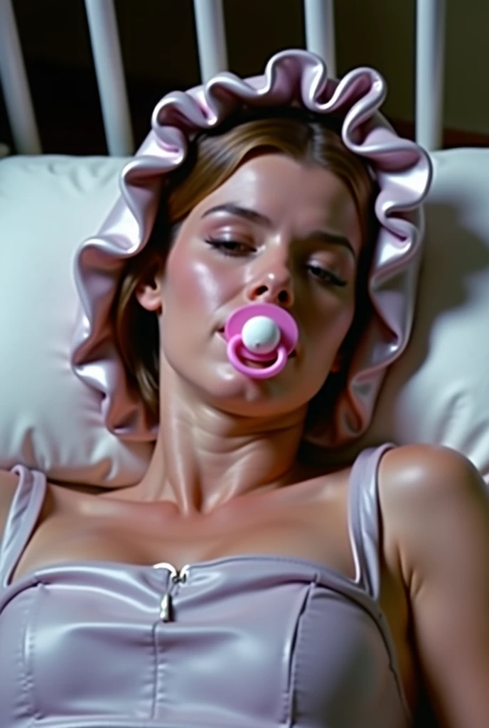 dressed beautiful woman in a latex sleeveless sleeping bag, that is closed under the chin. She lies in a crib. The woman wears a pink pacifier in her mouth. On her head she wears a shiny latex hood with ruffles. Screenshot from the film,  shot , Movie clip...