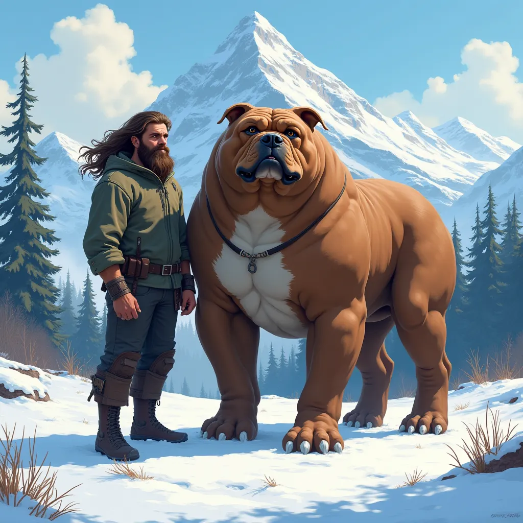 A dog Bulie XL with his master long hair yard with a beard and a snowy mountain in animate mode 