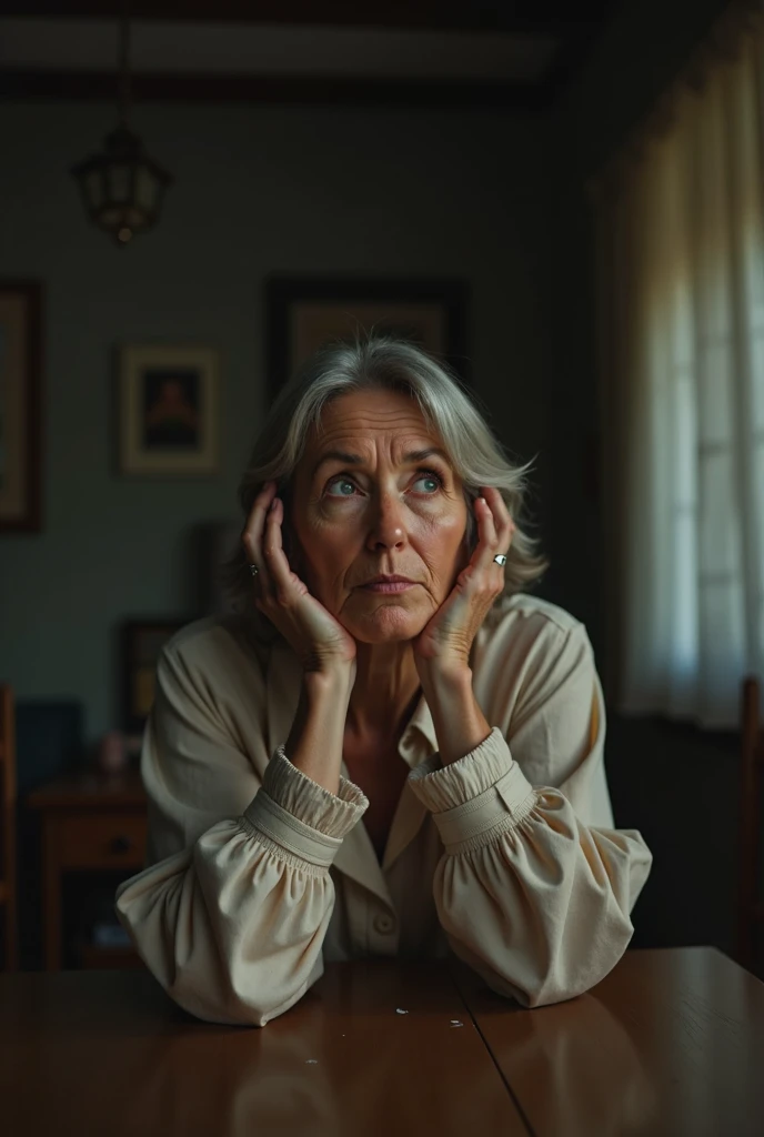 Young mother thinking with her elbows resting on the table and her hands on her head 