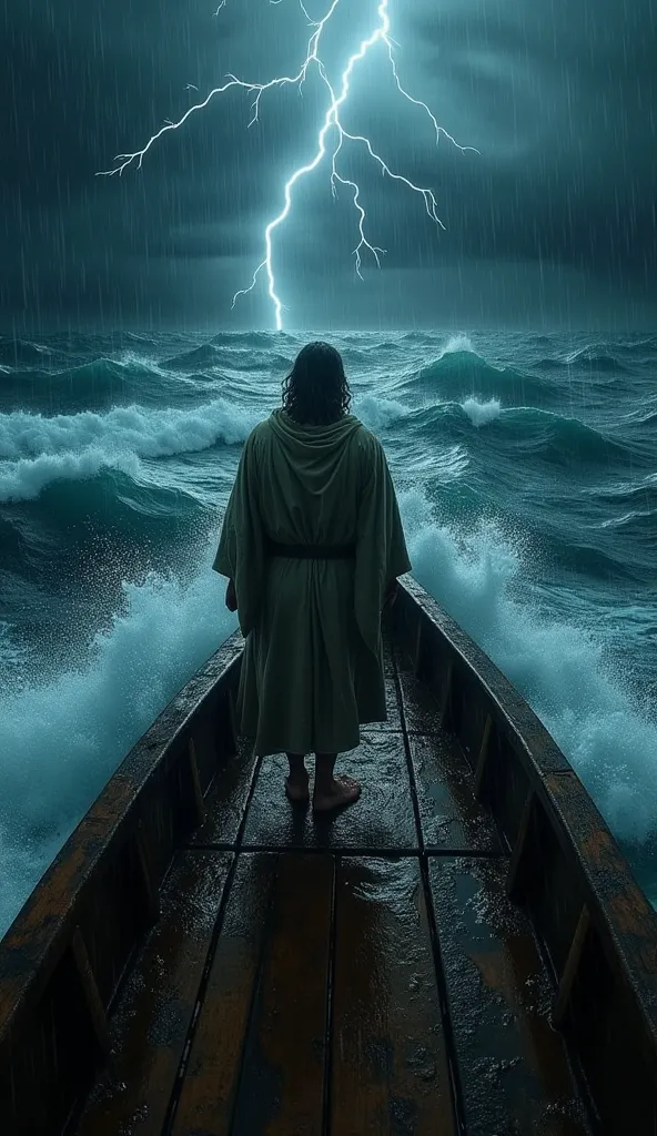 Prompt: A first-person perspective of me, as Peter, standing on the very edge of a wooden boat during a stormy night. The camera is angled downward, showing my own bare feet on the wet wooden planks, ready to step onto the raging sea. My robe is partially ...