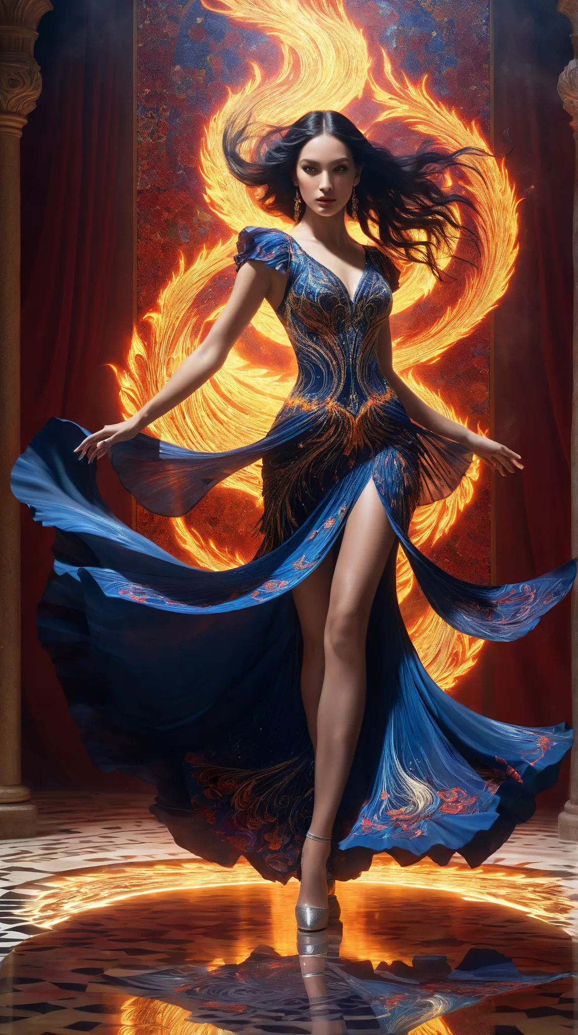 "Award-winning hyper-realistic photography captures a sensual flamenco dancer mid-performance, her waist-length raven hair ablaze with celestial sapphire-gold flames. Her crimson silk dress smolders with fractal fire patterns, its ruffled skirt swirling ar...