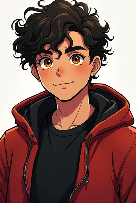 a 16-year-old ager, man, strong, chubby,  young, American, latino, a lot of energy , bright amber eyes, a black flannel with a red jacket on top with a hood on his back, She wears curly hair that is not very long,  Comic style image.