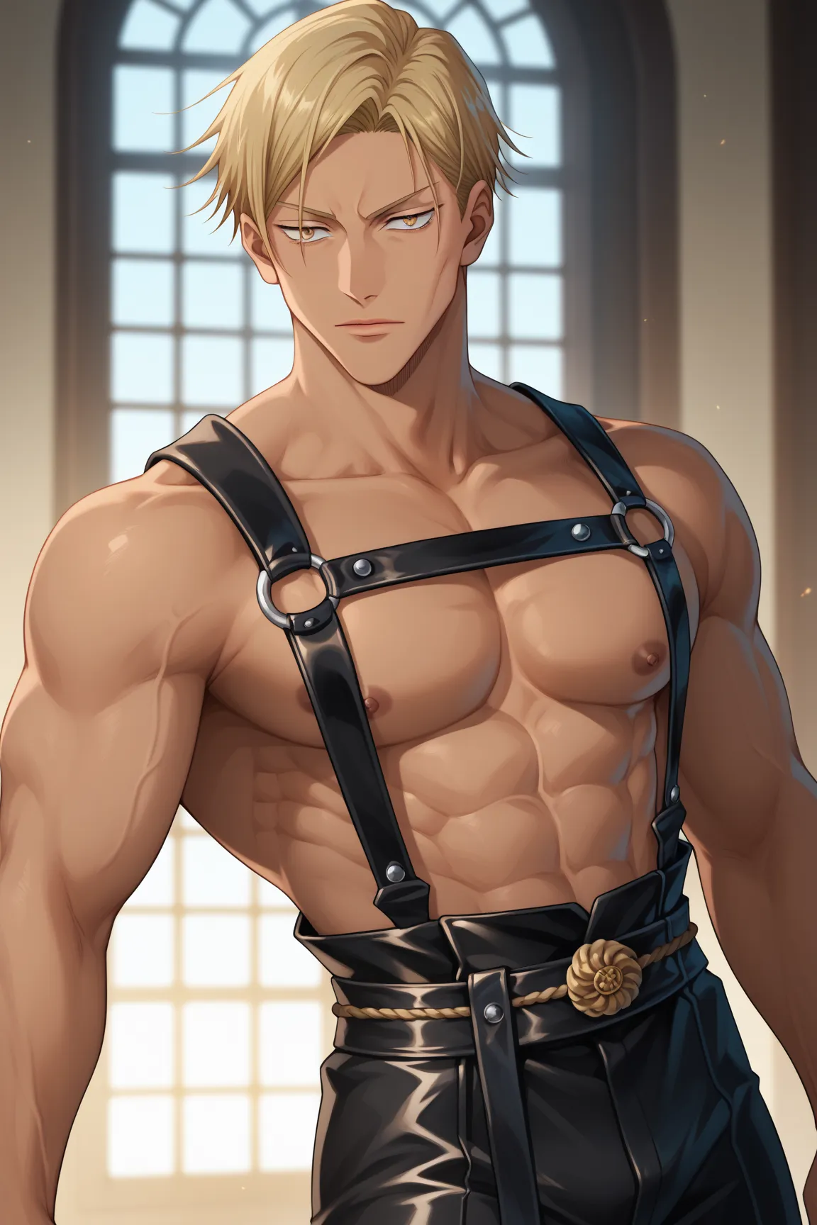  mature man with a strong and big body, muscles, slightly tanned skin, beautiful golden eyes, blonde hair, toned body, severe, attractive face. wears leather straps over his chest. ninja clothing, Nanami Kento, screenshot jujutsu no kaisen. mature man with...